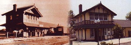 Two side by side photographs of the Southern Pacific train depot in Whittier.  The left image shows the depot at its original location on the west end of Bailey St.  The image on the right shows the depot after it was moved to Greenleaf Ave. south of Penn St.