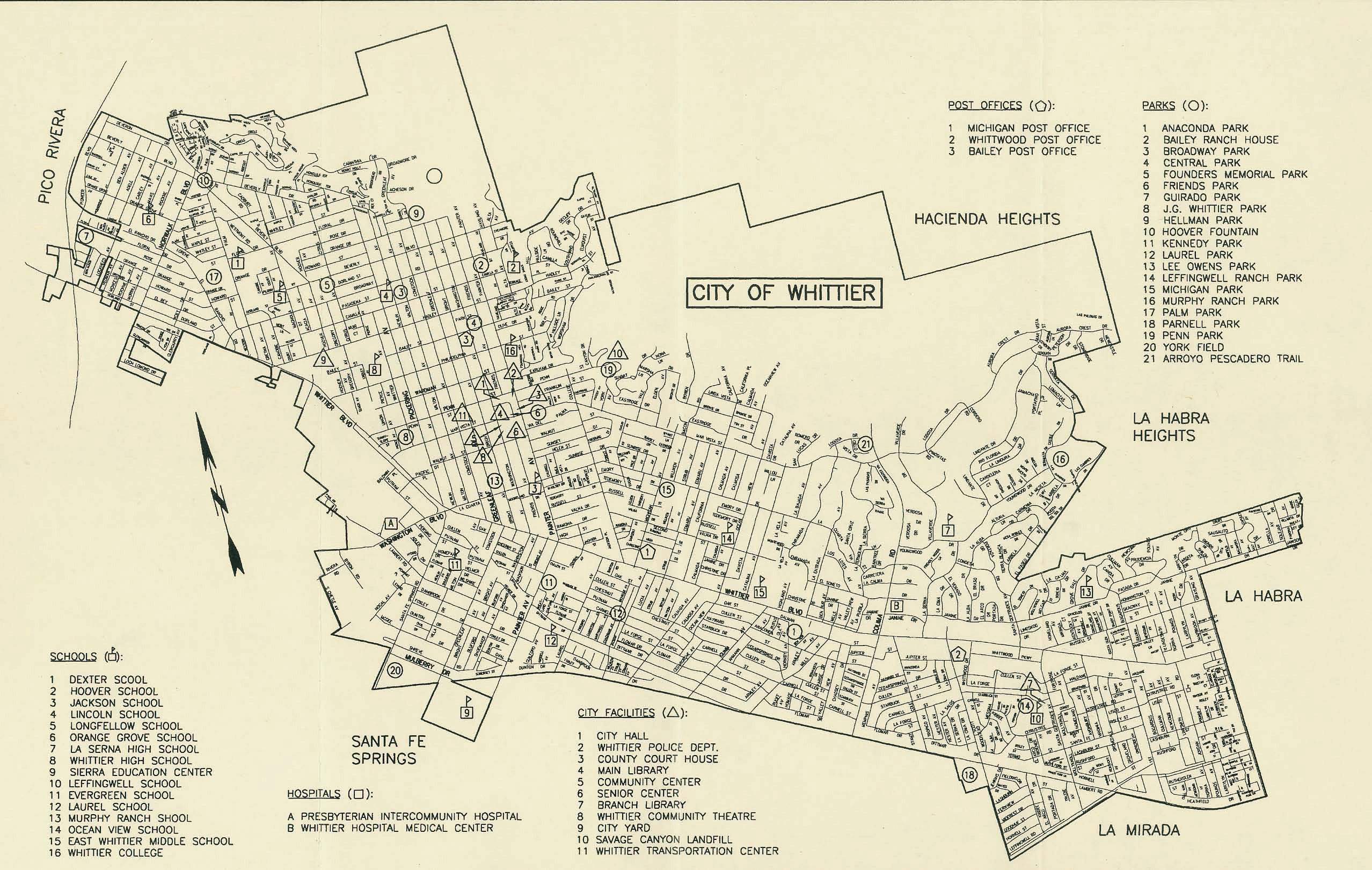 Map of the City of Whittier circa 1990.  Legend shows schools, city facilities, and parks.