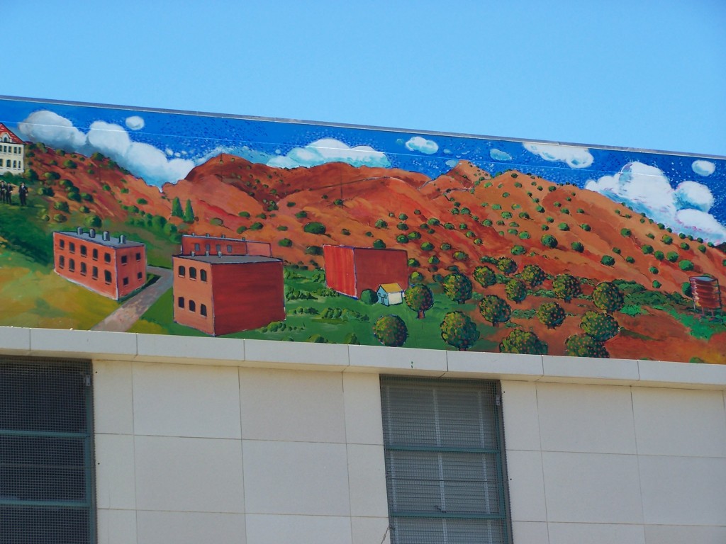 Day 17: Photograph of the completed section of the mural facing Newlin Ave. showing the Whittier Hills and the Four Brick buildings at Hadley and Greenleaf.