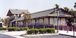 Photograph of the one-story west end of Whittier's Southern Pacific depot after it was moved to Greenleaf Ave.