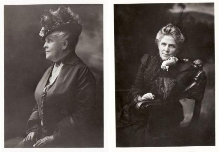 Two black and white portraits of Harriet Russell Strong.  The left portait shows Harriet in profile with the left side of her face visible.  The right portrait is head-on showing her entire face.