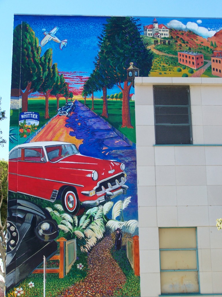 Finished Mural: Sections facing Newlin, including telephone, Harriet Russell Strong, Chevy Car, Bob Downey's airplane, Whittier Blvd., the Village clock, Whittier College, and the Four Bricks buildings
