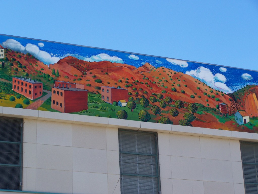 Finished mural: Photograph of the section showing the Four Bricks buildings, Whittier Hills, and oil field.