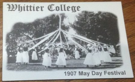 Photograph of girls performing a may pole dance from 1907 May Day Festival in Whittier. Image on a magnet.