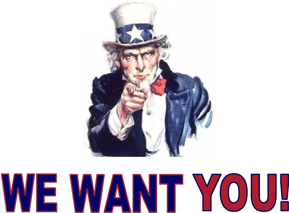 Presidential campaign poster featuring a pointing finger with text 'We want you.'