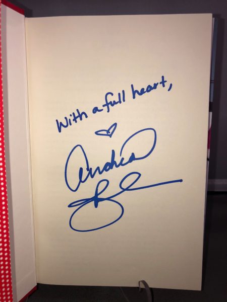 Photograph of a hand-written inscription in the book Full Circle. Text "With a full heart, Andrea"