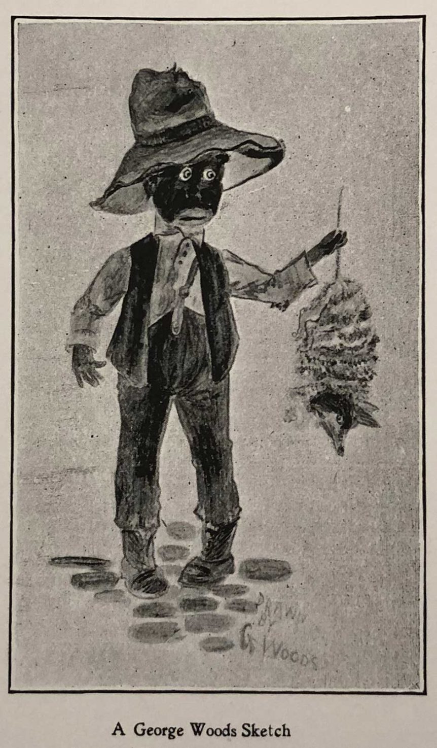 A sketch by George Woods showing a young black boy holding an opossum by the tail