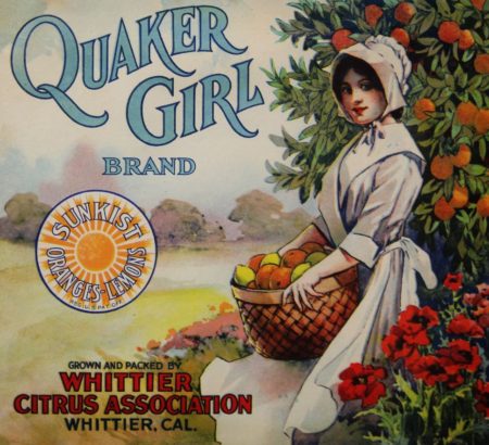 Fruit Crate Label graphic that is on the t-shirt. Label shows a girl in Quaker clothing holding a basket of citrus fruit. Text "Quaker Girl Brand Grown and packed by Whittier Citrus Association, Whittier Cal.