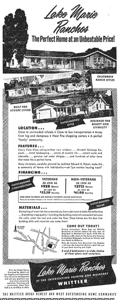 1951 Newspaper ad for Lake Marie Ranchos subdivision