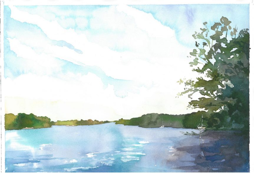 a watercolor image of a generic blue lake with a few boats