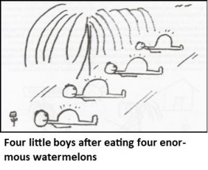 Illustration of Four little boys after eating four enormous watermelons.