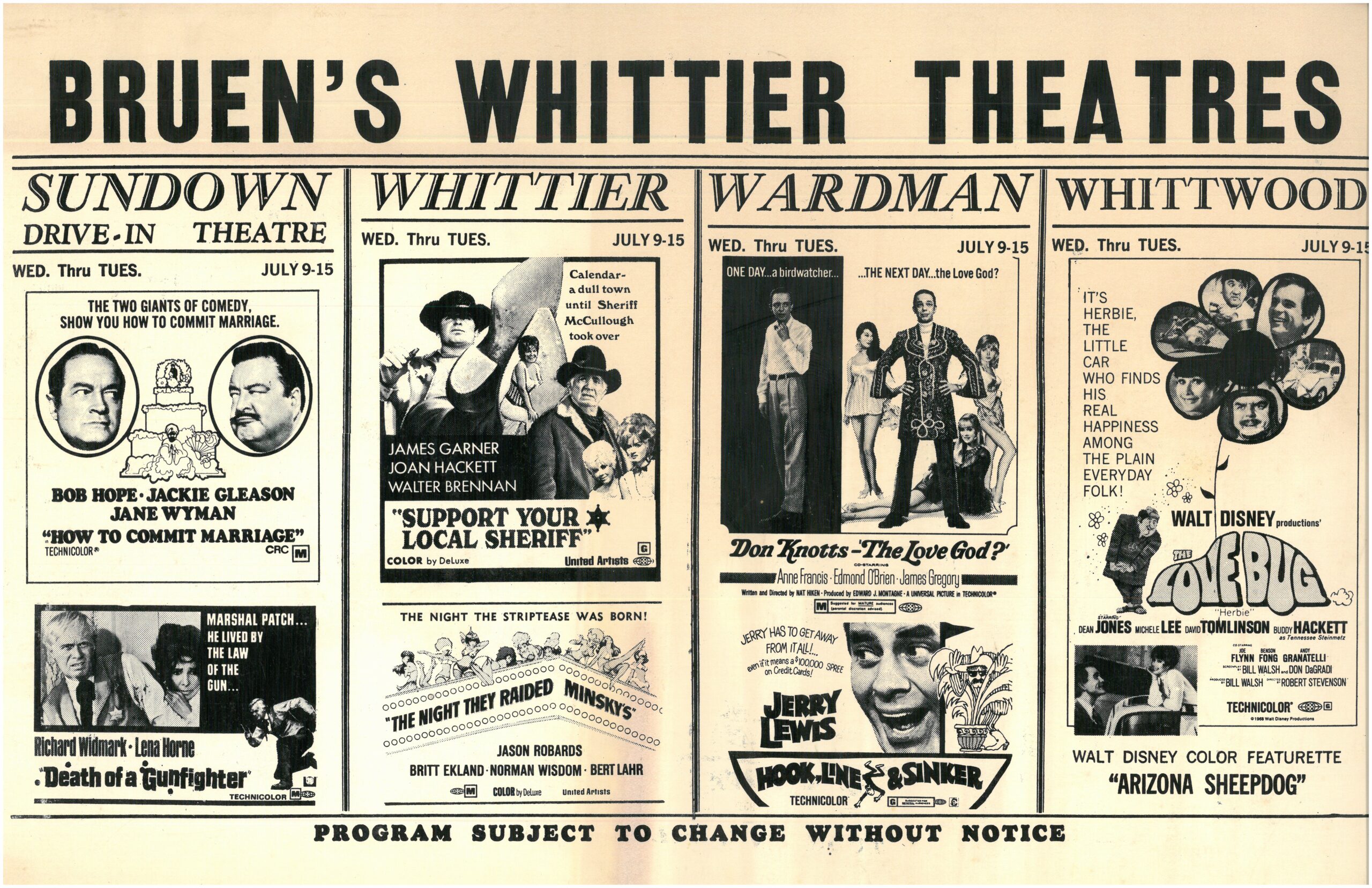 1960s movie theater advertisement featuring the four local movie theaters of Whittier.