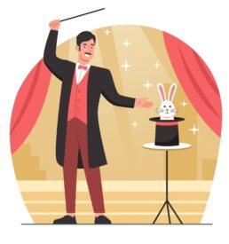 Illustration of magician with magic hat and rabbit for kids magic classes.