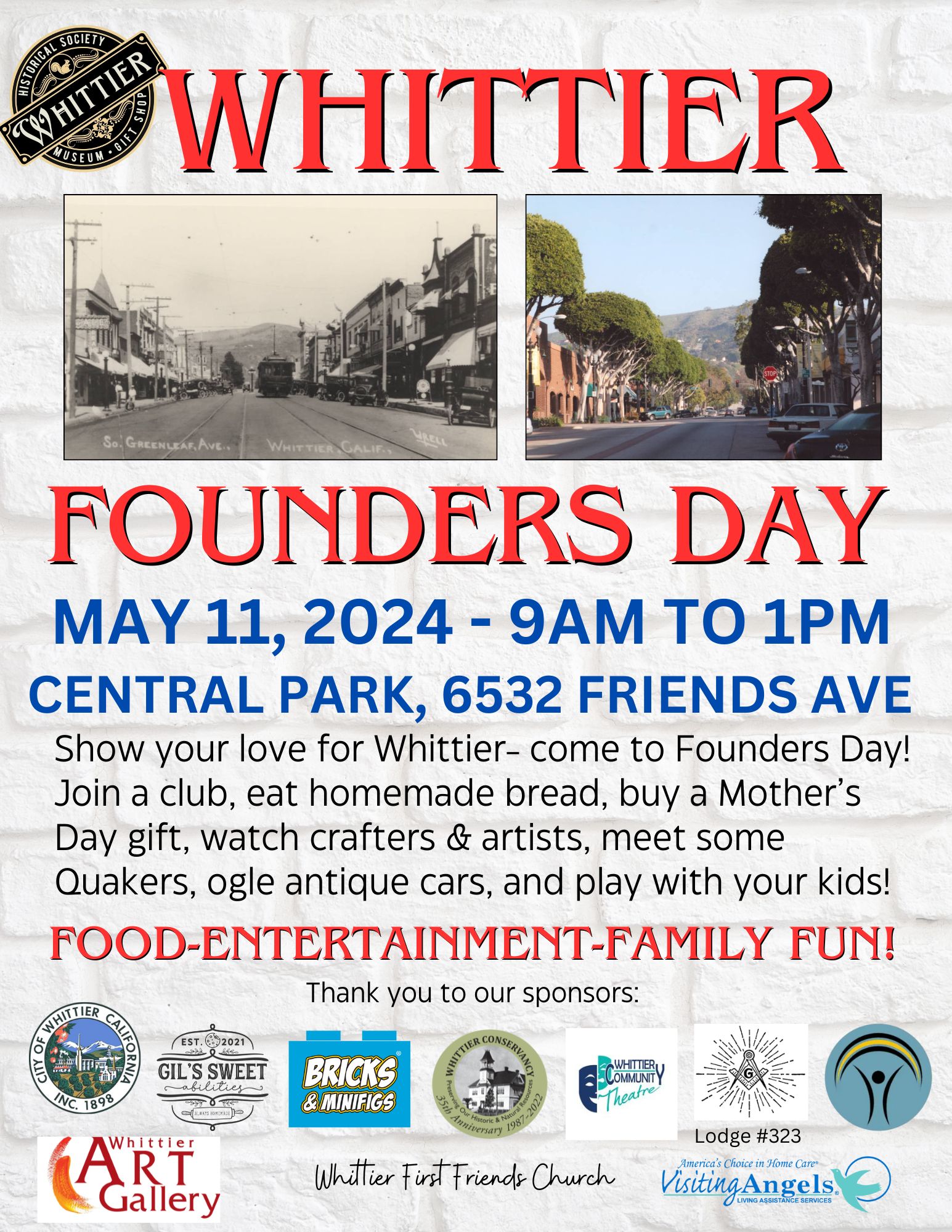 Founders Day flier showing two images of Greenleaf Ave. looking north. One from the early 1900s and one from circa 2010.