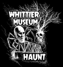 Whittier Museum Haunt artwork showing five points bridge, a scary tree and John G Whittier with spider legs