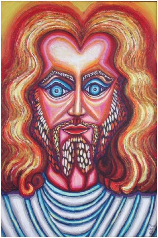 painting of Christ with blond hair and blue eyes