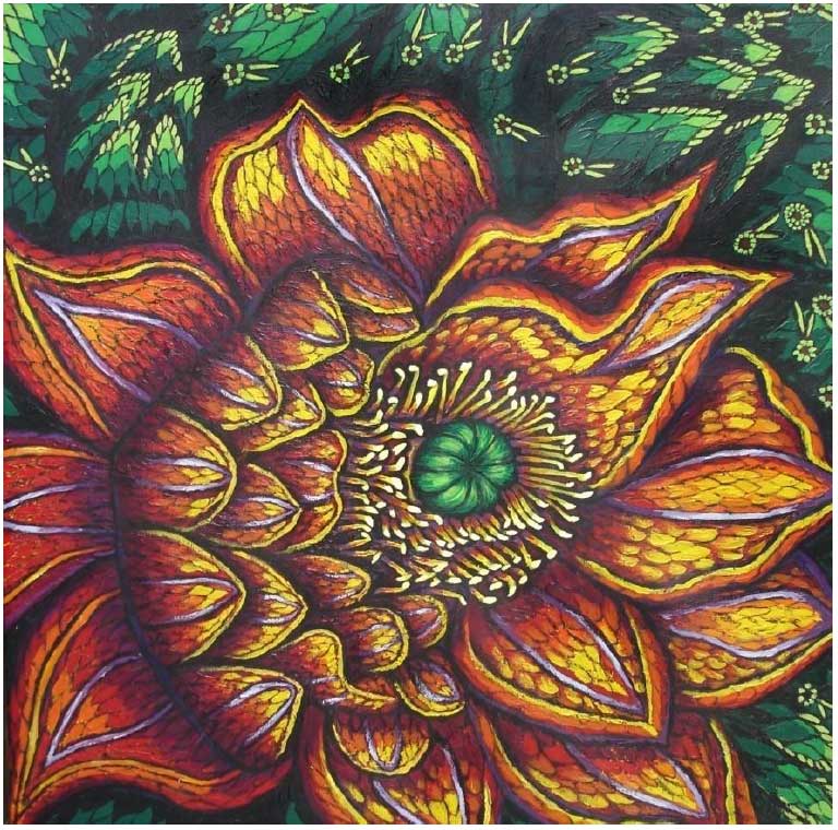 painting of an orange, dahlia-like flower