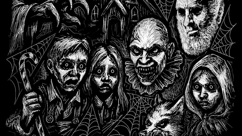 white on black drawing of a scary witch, Red Riding Hood, Hansel and Gretl and others
