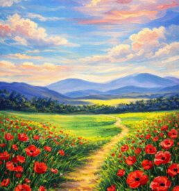 Field of red poppies with hills and clouds in background.