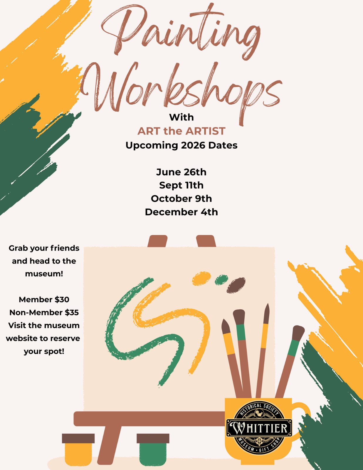 flier for paint workshops on June 26, Sept. 11, Oct. 9, and Dec. 4 2026. $30 member and $35 non-member price