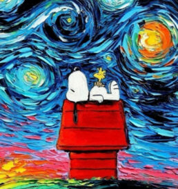 painting of snoopy and woodstock on the dog house surrounded by van Gogh's starry night