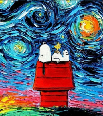 painting of snoopy and woodstock on the dog house surrounded by van Gogh's starry night